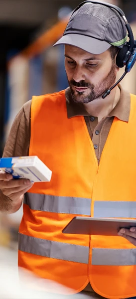 A man in an orange vest and headphones is intently holding a tablet